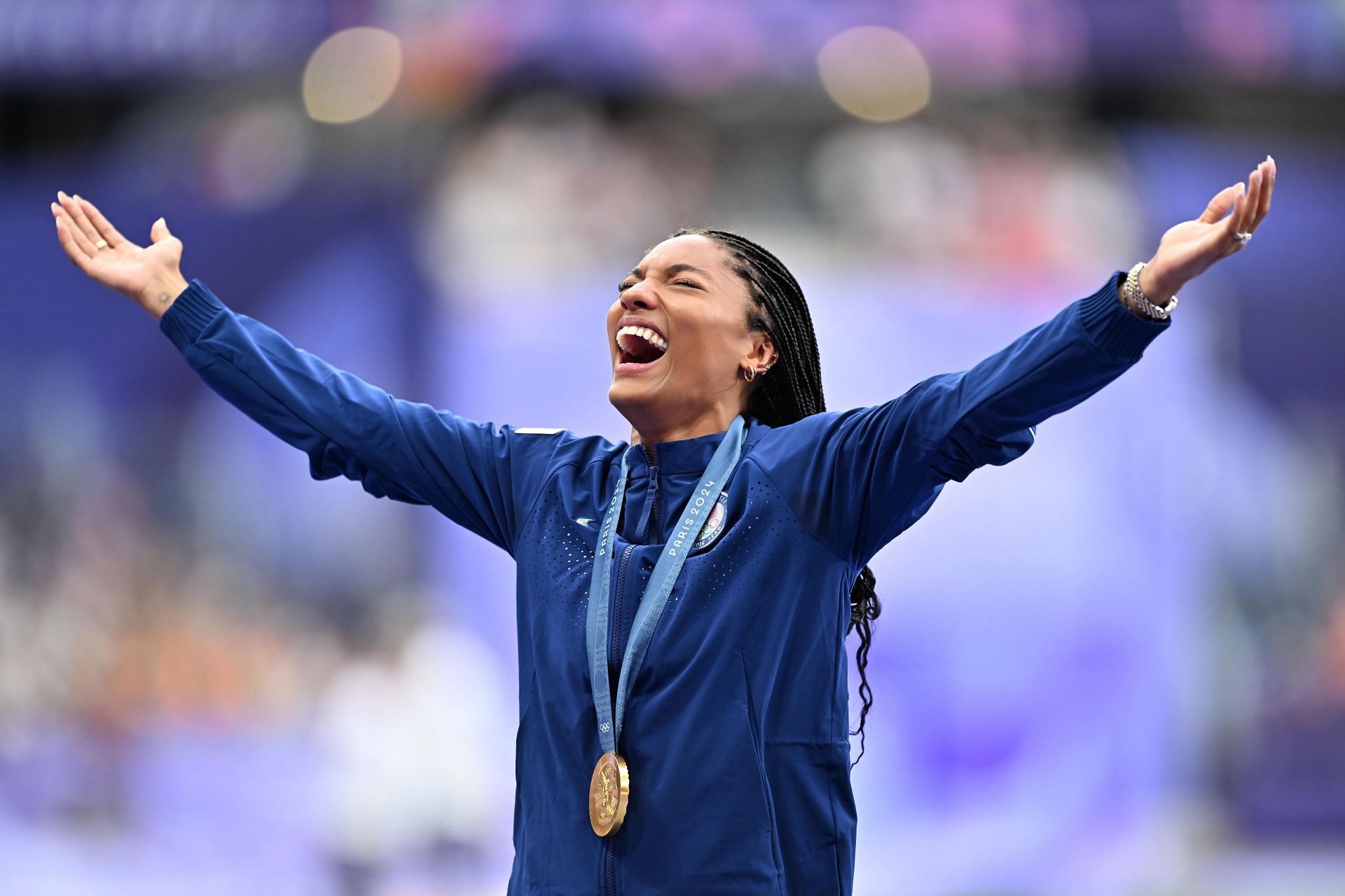 Tara Davis-Woodhall at the 2024 Summer Olympic Games in Paris, France. (Photo via Getty Images)